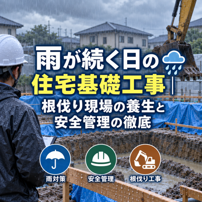 雨が続く日の住宅基礎工事｜根伐り現場の養生と安全管理の徹底