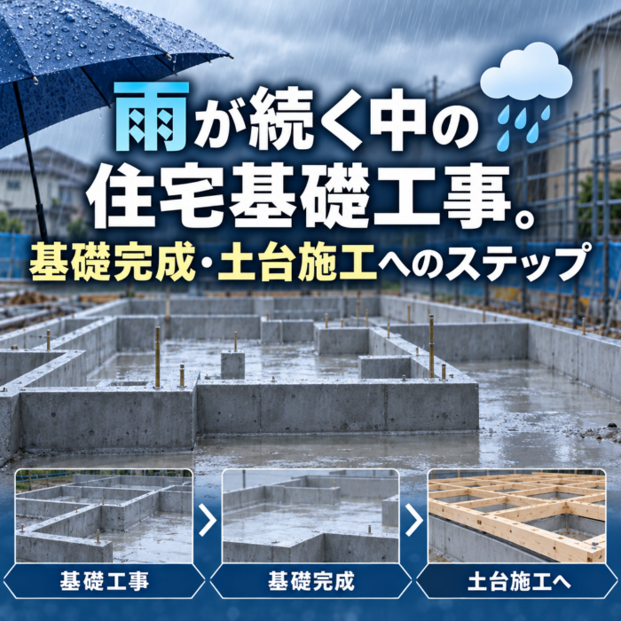 雨が続く中の住宅基礎工事。基礎完成・土台施工へのステップ