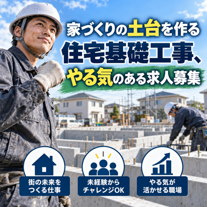 家づくりの土台を作る住宅基礎工事、やる気のある求人募集